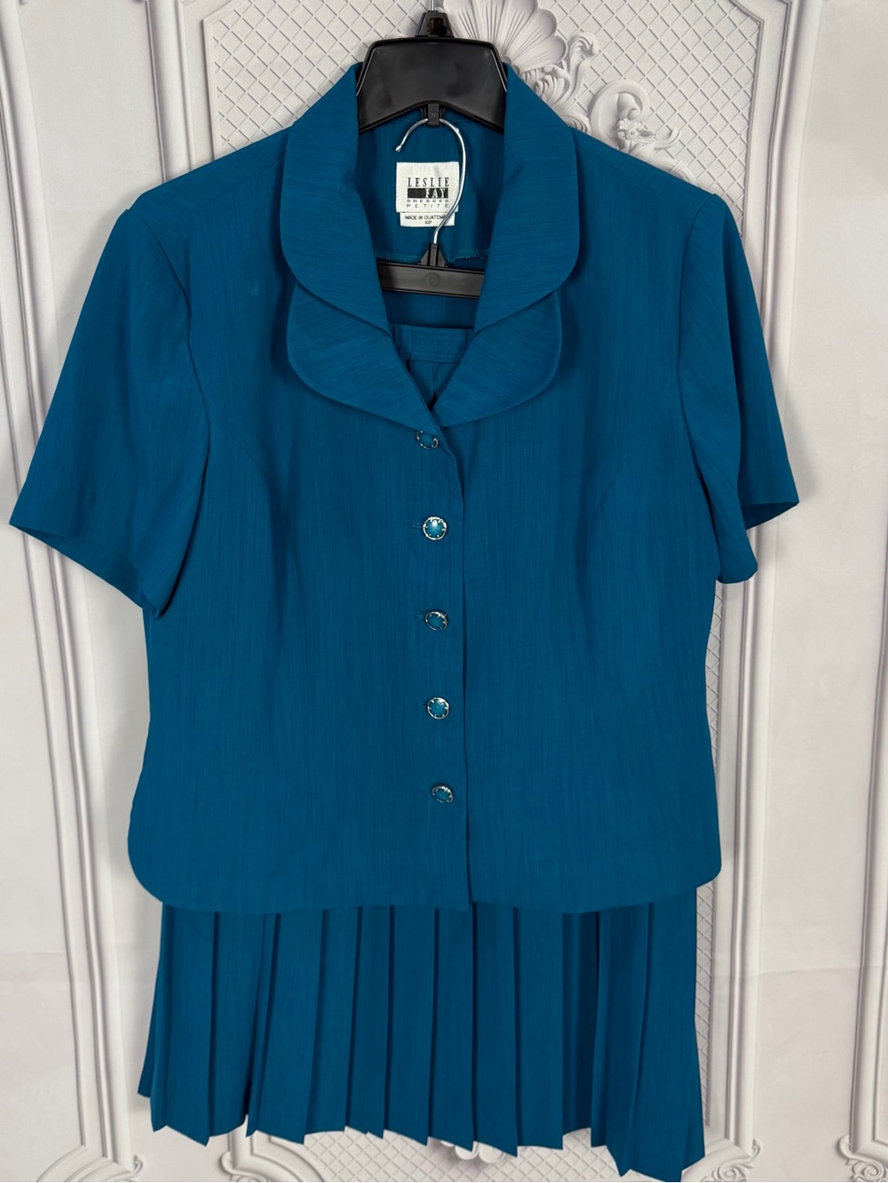 Leslie Fay Petite Vintage 2pc Skirt Suit Teal Pleated 16P Scallop Collar Vintage